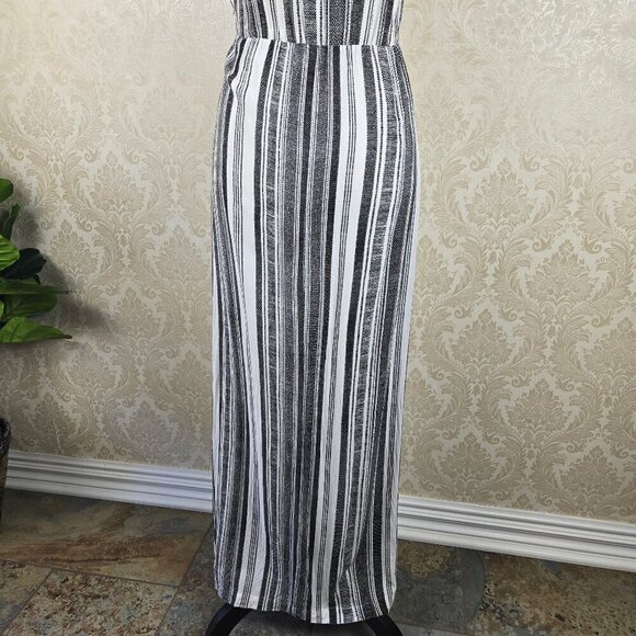 H & M Size 4 Black and White Striped Maxi Dress Elastic Waist Vneck Cap Sleeve - Picture 9 of 13